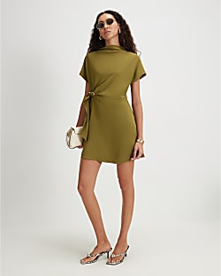 Khaki Crepe Snaffle Detail Mini Dress