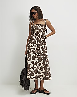 Beige Cotton Printed Shirred Midi dress