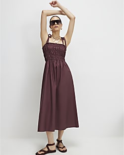 Purple Cotton Shirred Midi Dress