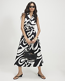 White Cotton Printed Belted Midi Shirt Dress