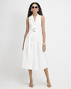 White Cotton Belted Midi Shirt Dress