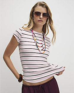 Pink Cotton Blend Short Sleeve Striped Top