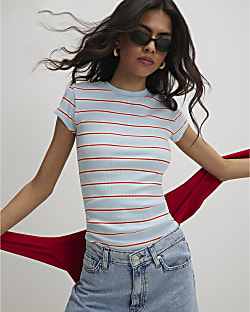 Blue Cotton Blend Fitted Striped T-Shirt