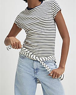 Navy Cotton Blend Rib Stripe Fitted T-Shirt