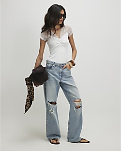 White Short Sleeve Lace Trim Ruched Top