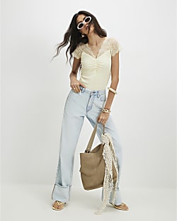 Yellow Short Sleeve Lace Trim Ruched Top