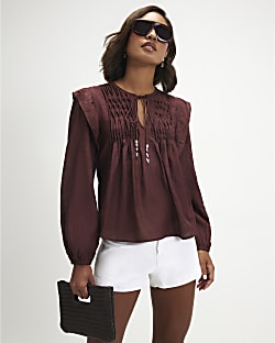 Red Long Sleeve Smocked Front Yoke Blouse