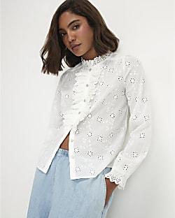 White Cotton Broderie Ruffle Blouse