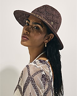 Brown Cut Out Studded Band Fedora Hat