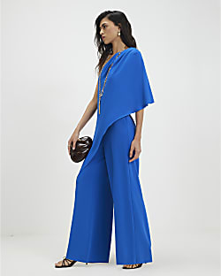 Blue One Shoulder Overlay Jumpsuit