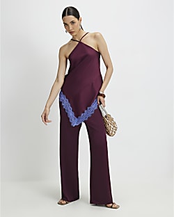 Red Lace Trim Halter Neck Top
