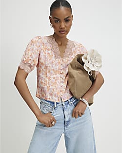 Pink Ditsy Floral Lace Trim Blouse
