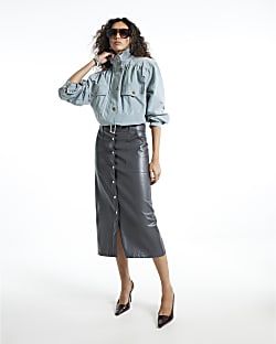 Grey Faux Leather Utility Belted Midi Skirt