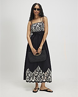 Black Cotton Cutwork Lace Midi Dress