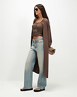 Beige Knitted Ribbed Maxi Cardigan