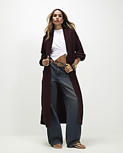 Red Knitted Ribbed Maxi Cardigan