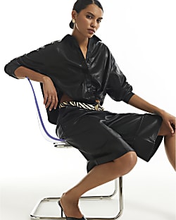 Black Faux Leather Twist Front Shirt