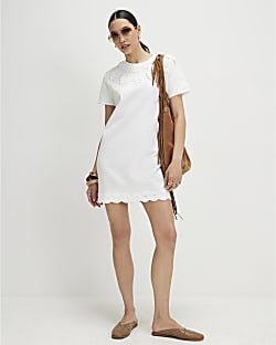 White Cotton Embroidered Mini T-shirt Dress