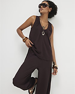 Brown Cotton Blend Textured V Neck Top