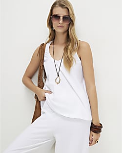 White Cotton Blend Textured V Neck Top