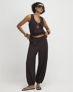 Brown Cotton Blend Textured Cuffed Joggers