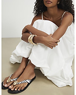 Black Zebra Hair On Leather Flip Flop Sandals