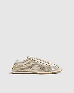 Gold Leather Lace Up Trainers