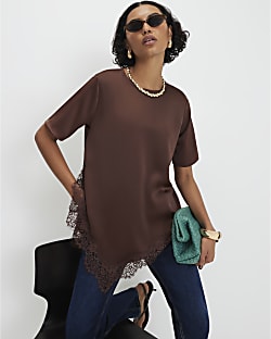 Brown Asymmetric Lace Trim Satin T-Shirt