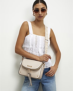 Beige Zip Flap Over Crossbody Bag
