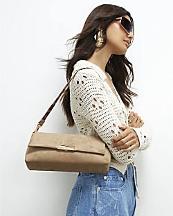 Beige Bar Flap Over Clutch Bag