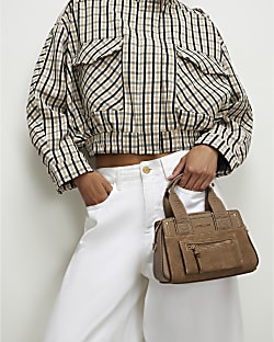 Beige Webbing Handle Tote Crossbody Bag