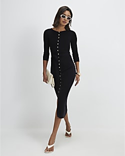 Black Knit Belted Ribbed Midi Dress
