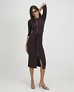 Brown Knit Belted Ribbed Midi Dress