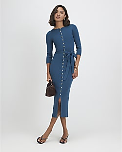 Green Knit Belted Ribbed Midi Dress