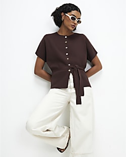 Brown Cinched Waist Belted Cardigan Top