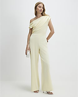 Yellow Short Sleeve Asymmetric Drape Jumpsuit