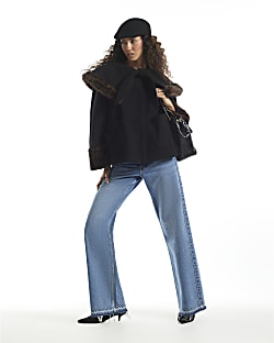Black Faux Fur Leopard Trim Cape Jacket