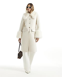 Cream Faux Fur Trim Coat