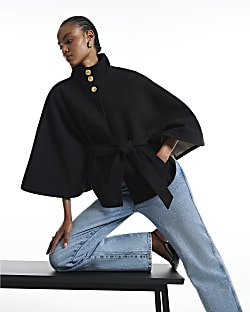Black Funnel Neck Belted Cape Coat