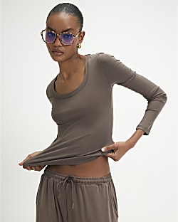 Brown Soft Touch Scoop Neck Top