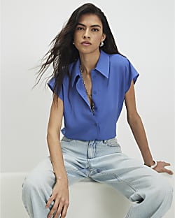Blue Satin Short Sleeve Shirt
