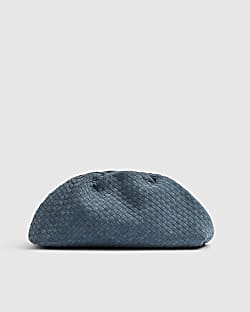 Blue Suede Ruched Woven Clutch Bag