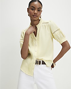 Yellow Cotton Frill Collar Pintuck Blouse
