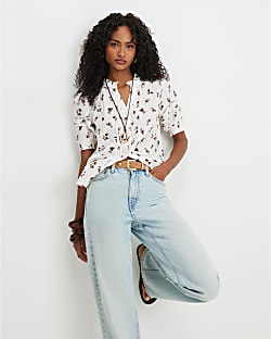 Cream Cotton Floral Textured Pintuck Blouse
