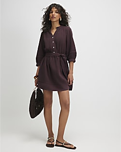Brown Cotton Textured Mini Dress