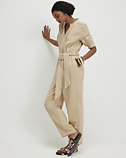 Beige Cotton Textured Jumpsuit
