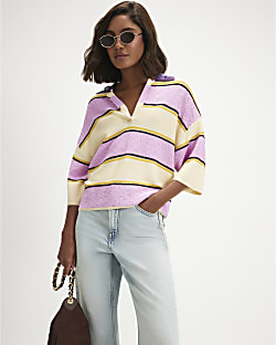 Yellow Colour Blocked Knit Diamante Polo Top