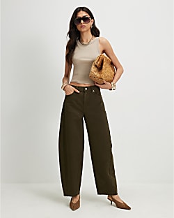 Khaki Twist Seam Barrel Leg Jeans