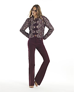 Burgundy High Waisted Slim Fit Flared Jeans