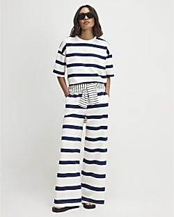 Cream Premium Striped Wide Leg Joggers